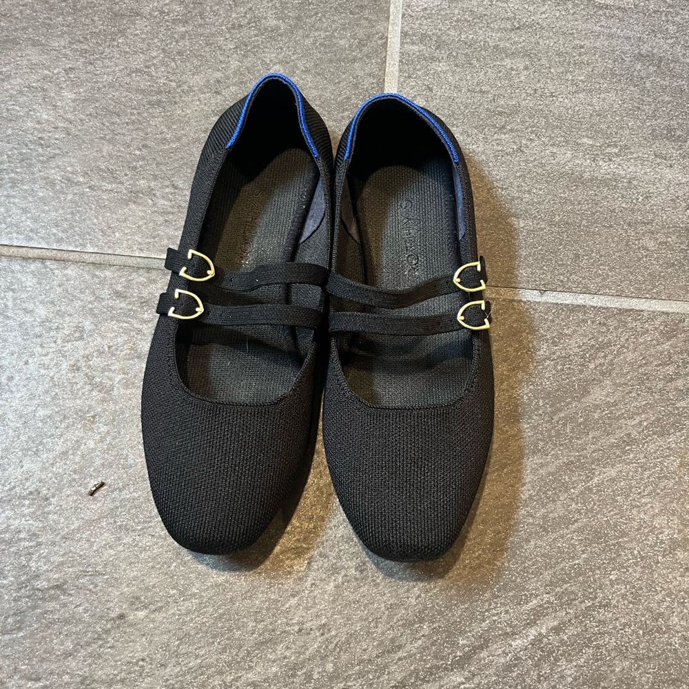 Rothy's Black Mary Jane Flats with Gold Buckles